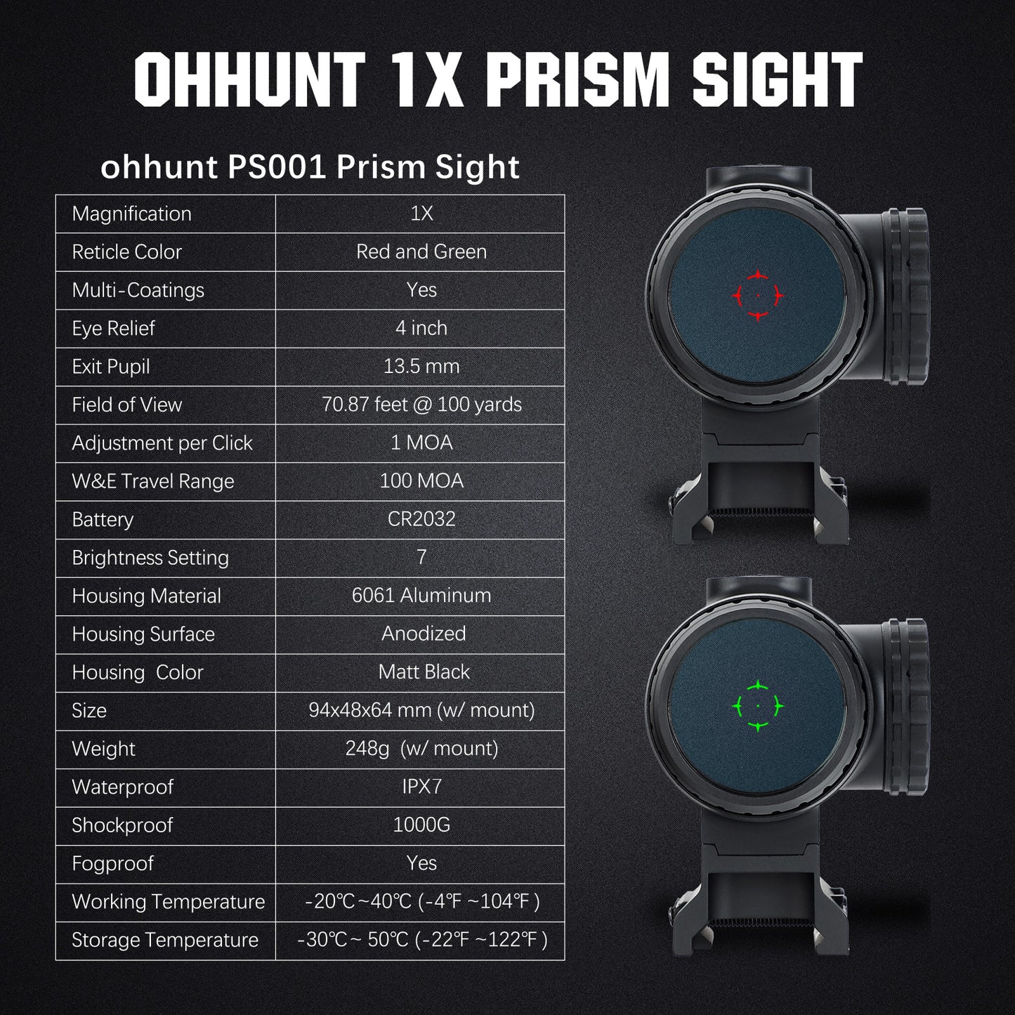 ohhunt® 1X Prism Zielfernrohr mit Shake Awake 2 MOA rotem und grünem Kreispunkt-Absehen