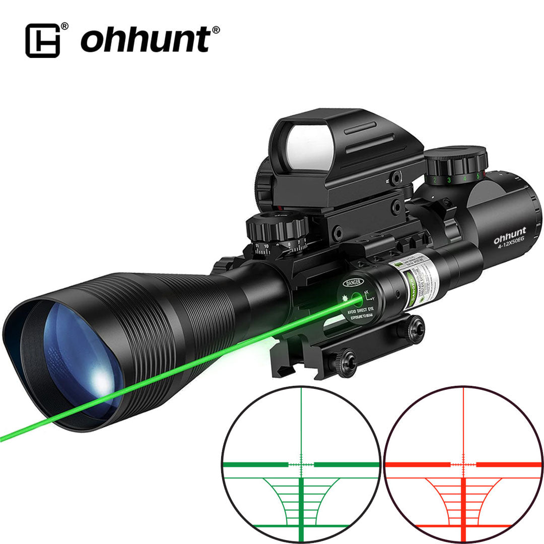 Ohhunt Tactical 4-12X50 Rifle Scope and Red Dot Combo with 4 Holographic Reticle Reflex Sight