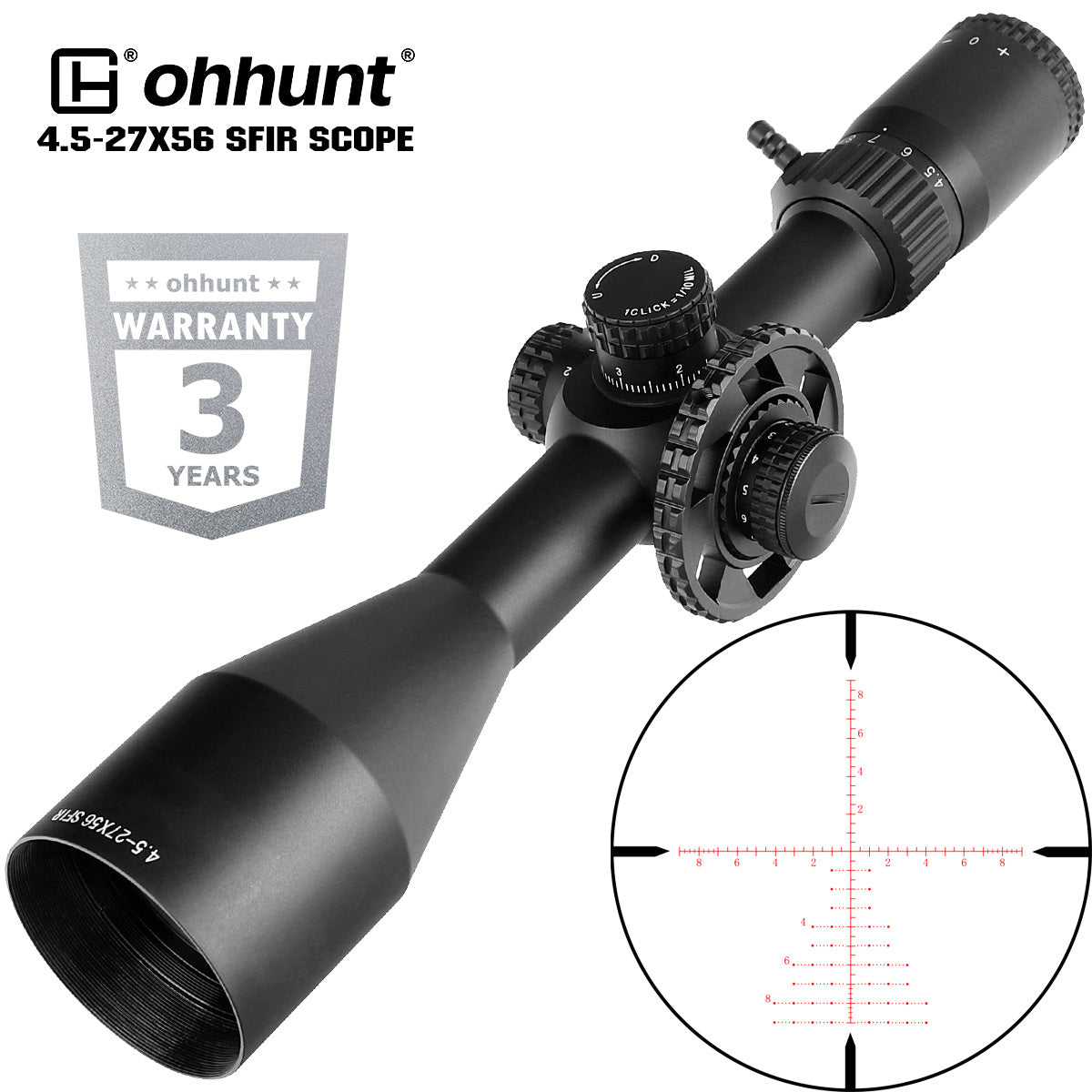 ohhunt 4.5-27X56 SFIR Rifle Scope com guarda-sol - retículo gravado em vidro