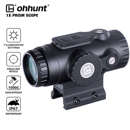 ohhunt® 1X Prism Zielfernrohr mit Shake Awake 2 MOA rotem und grünem Kreispunkt-Absehen