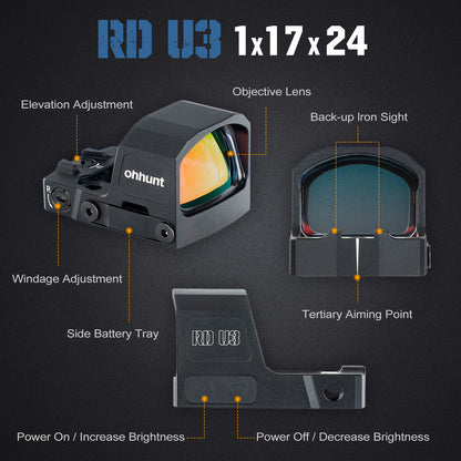 ohhunt RD U3 Large Window 3 MOA Pistol Shake Awake Micro Reflex Red Dot Sight Compatible with RMSc Footprint and Picatinny Mount