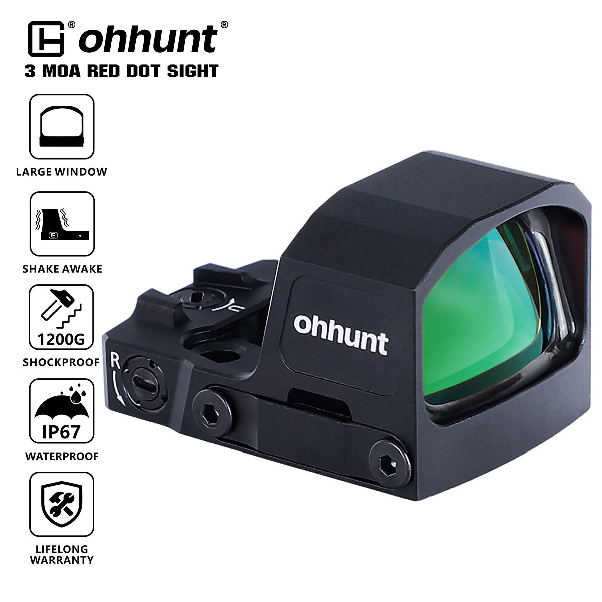 ohhunt® RD U3 Large Window 3 MOA Shake Awake Micro Reflex Red Dot Sight Compatible with RMSc Footprint and Picatinny Mount