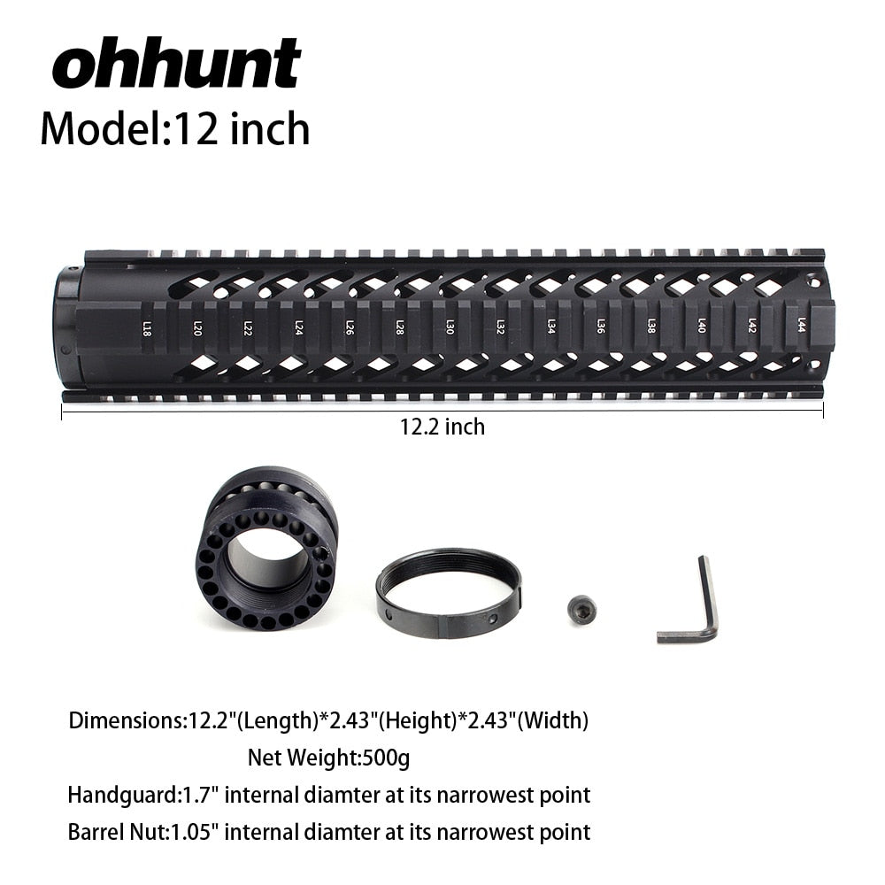 ohhunt AR フリーフロート クアッドレール ハンドガード バレルナット付き 4インチ 7インチ 10インチ 12インチ 15インチ  標準カービン.223 5.56 AR15 M16ライフルに取り付け