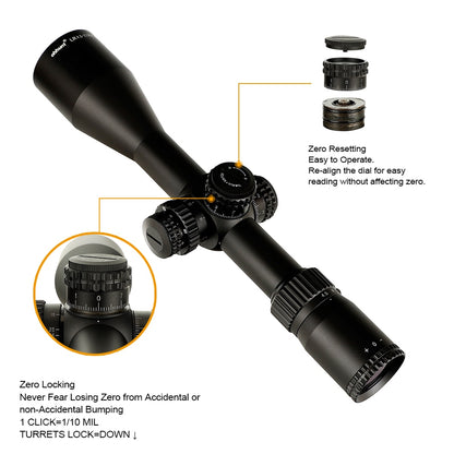 ohhunt® LR 4.5-27x50 SFIR Mira de rifle de longo alcance Mil Dot Retículo gravado em vidro Iluminação vermelha Redefinição de bloqueio de torres de paralaxe lateral