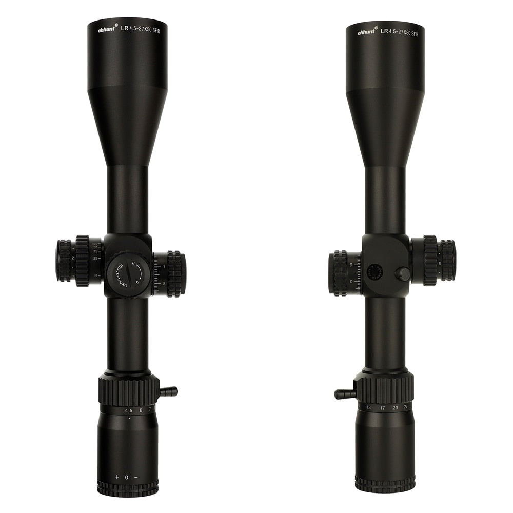 ohhunt® LR 4.5-27x50 SFIR Mira de rifle de longo alcance Mil Dot Retículo gravado em vidro Iluminação vermelha Redefinição de bloqueio de torres de paralaxe lateral