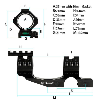 ohhunt® 35mm カンチレバー スコープ マウント、トップ ピカティニー レール、30mm スコープ リング、リデューサー、バブル レベル付き